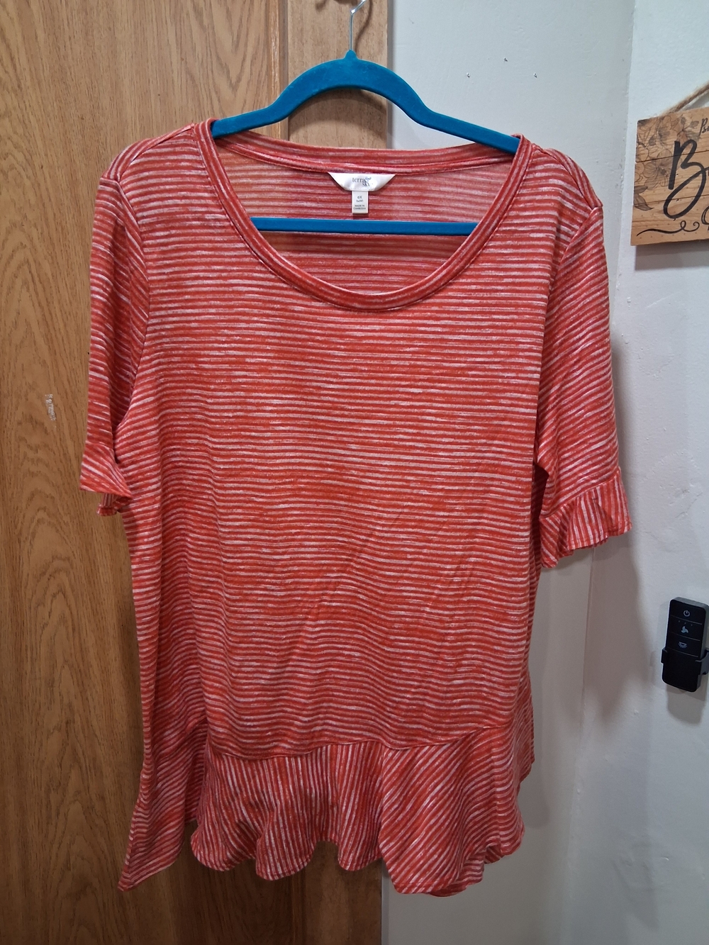 Terra & Sky Coral-White Striped Ruffle-Hem Short Sleeve Tunic